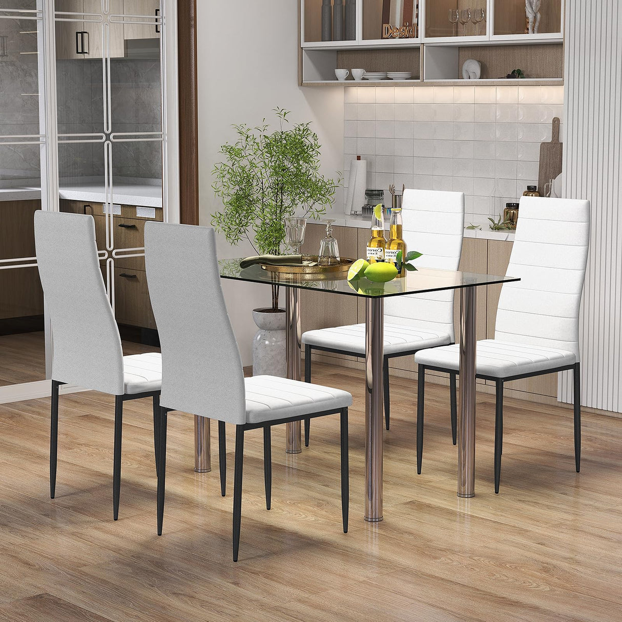 Tangkula 5 PCS Dining Table Set, Modern Tempered Glass Top and PVC Leather Chair w/4 Chairs, Dining Room Kitchen Furniture (White and Silver) Tangkula