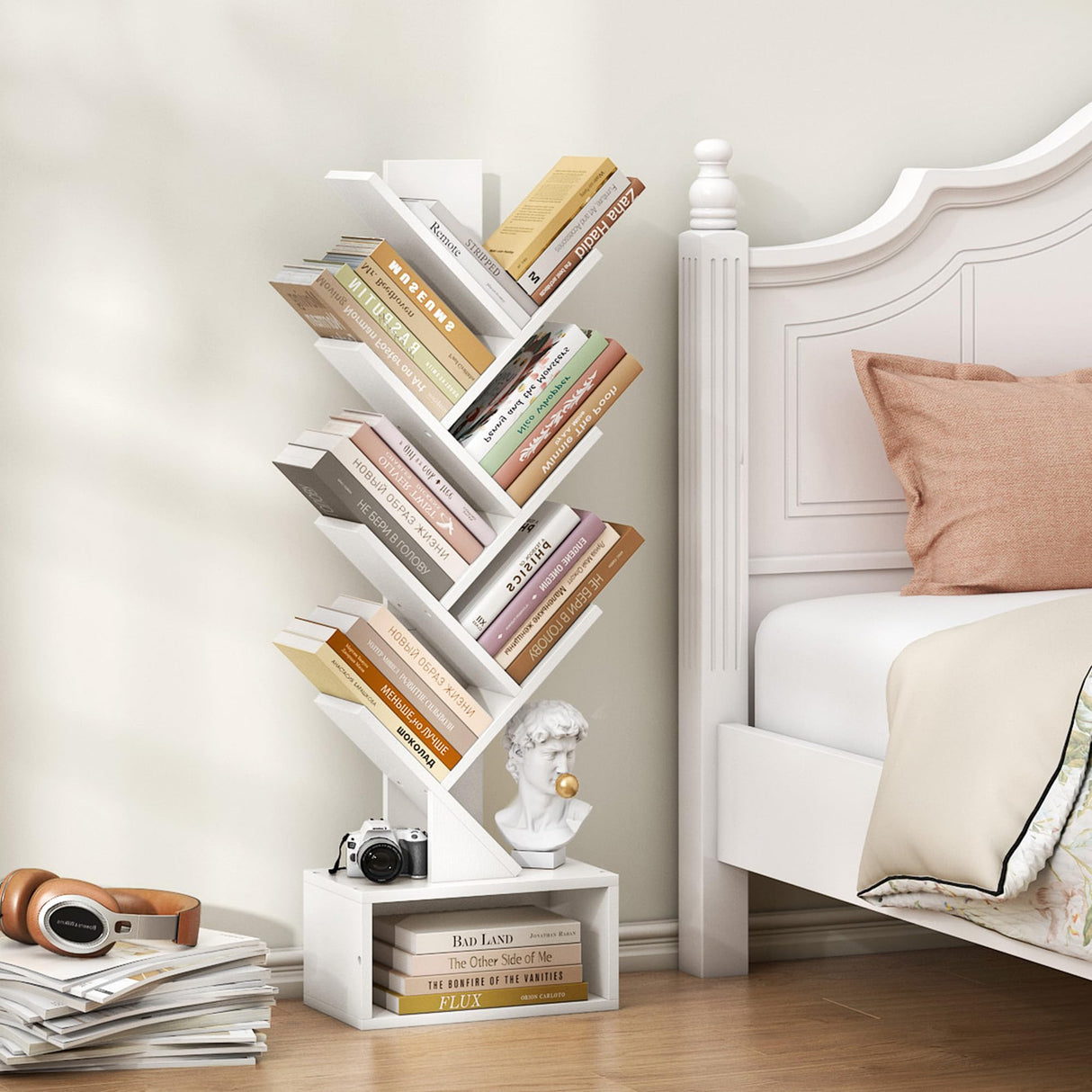 Hoctieon 6 Tier Tree Bookshelf, Tall Bookcase with Drawer, Freestanding Book Shelf, Display Floor Standing Storage Shelf, Book Organizer Shelves for Home Office, Living Room, Bedroom, White Hoctieon