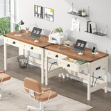 YOMILUVE Farmhouse Computer Desk with 2 Drawers, 39 Inch Small Office Computer Desk with Power Outlets, Compact Writing Study Desk for Small Spaces, Antique White YOMILUVE