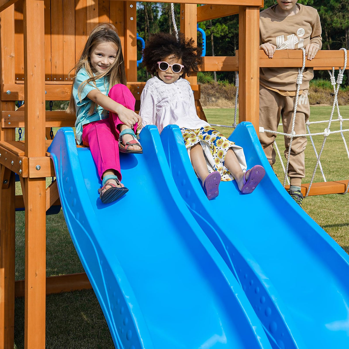 Dolphin Playground Wooden Swing Sets, Monkey bar, Plank Bridge with Rope Mesh, 2 Wave Slides, Large Climbing Wall, Outdoor Table, Saucer Swing, Playground Sets for Backyards, Outdoor Playset DOLPHIN PLAYGROUND T