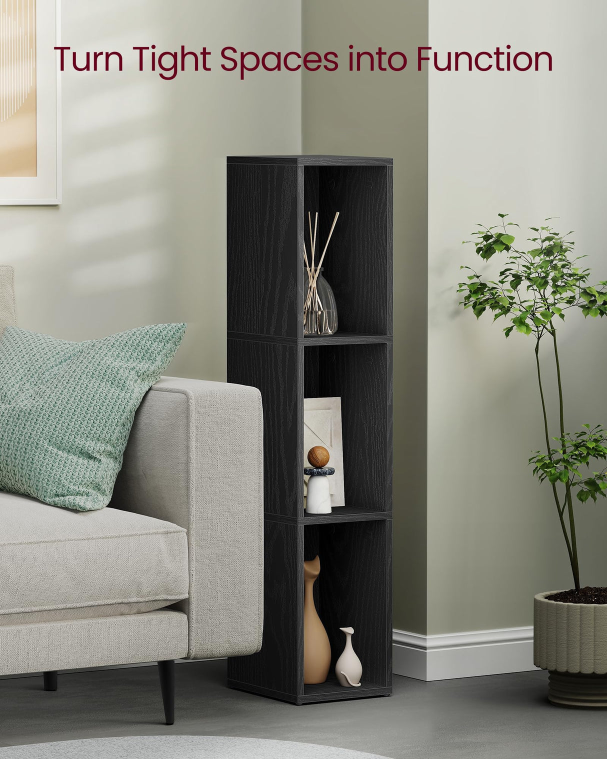 VASAGLE Custos Collection - Bookshelf, 3-Tier Bookcase, Book Shelf, Open Storage Shelf, 9.4 x 7.9 x 37.3 Inches, for Living Room, Home Office, Dining Room, Ebony Black ULBC523B01 VASAGLE