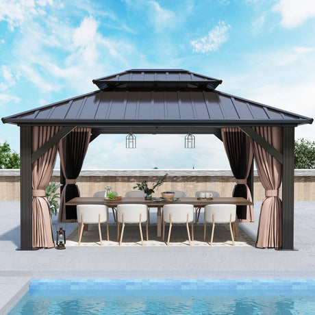GARTOO 12x16FT Outdoor Hardtop Gazebo with Double Roof - Heavy-Duty Galvanized Steel Top Aluminum Frame Gazebo with Breathable Netting & Privacy Curtain for Patio, Porch, Garden, Lawn, Deck, Backyard GARTOO