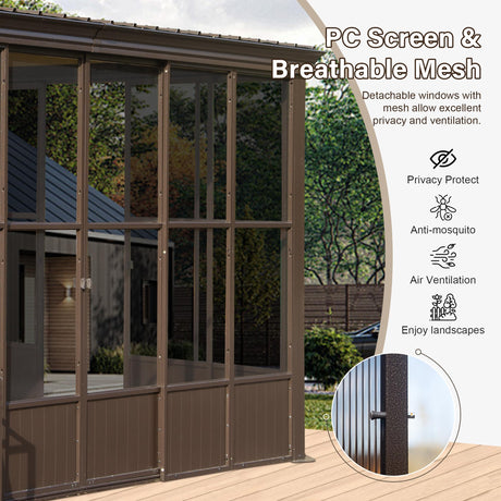 Domi 8x12FT Sun Room, Wall Mounted Gazebo Solarium with Galvanized Steel Sloping Roof, Moveable PC Screen, Front Door & 2 Side Entrance, Outdoor Aluminum Lean-to Sunroom for Patio Deck domi outdoor living