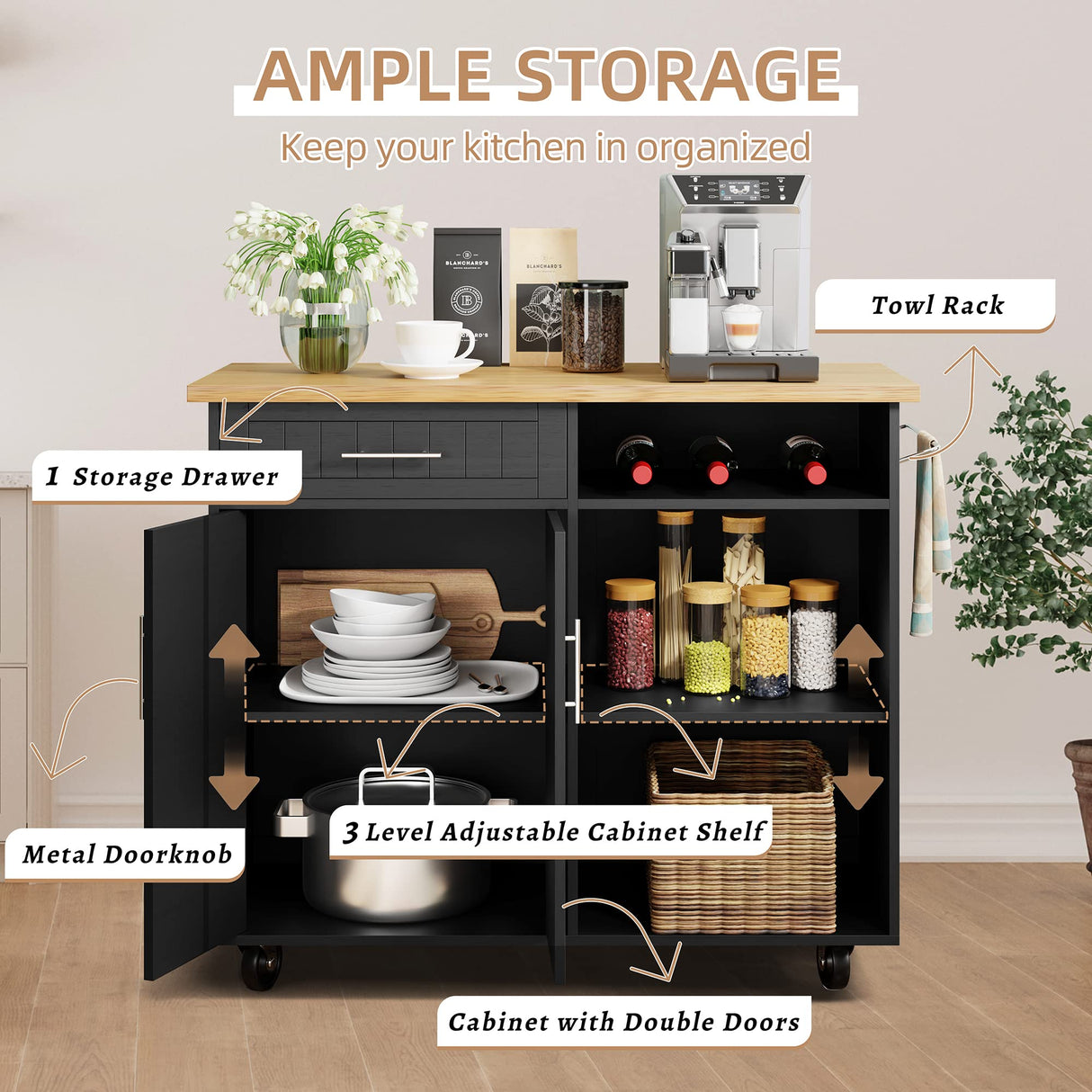 Shintenchi Kitchen Island Cart with Storage,Rolling Kitchen Island Side Table on Wheels with Large Worktop,Storage Cabinet,Towel Rack and Drawers for Kitchen,Dinning Room,Black Shintenchi