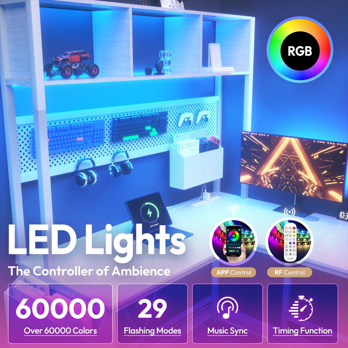 Dowinx L Shaped Desk with Pegboard and Drawers, Reversible 67” Gaming Desk with RGB Light and Power Outlet, Computer Corner Desk with Storage and Hutch for Game Office Home, White Dowinx