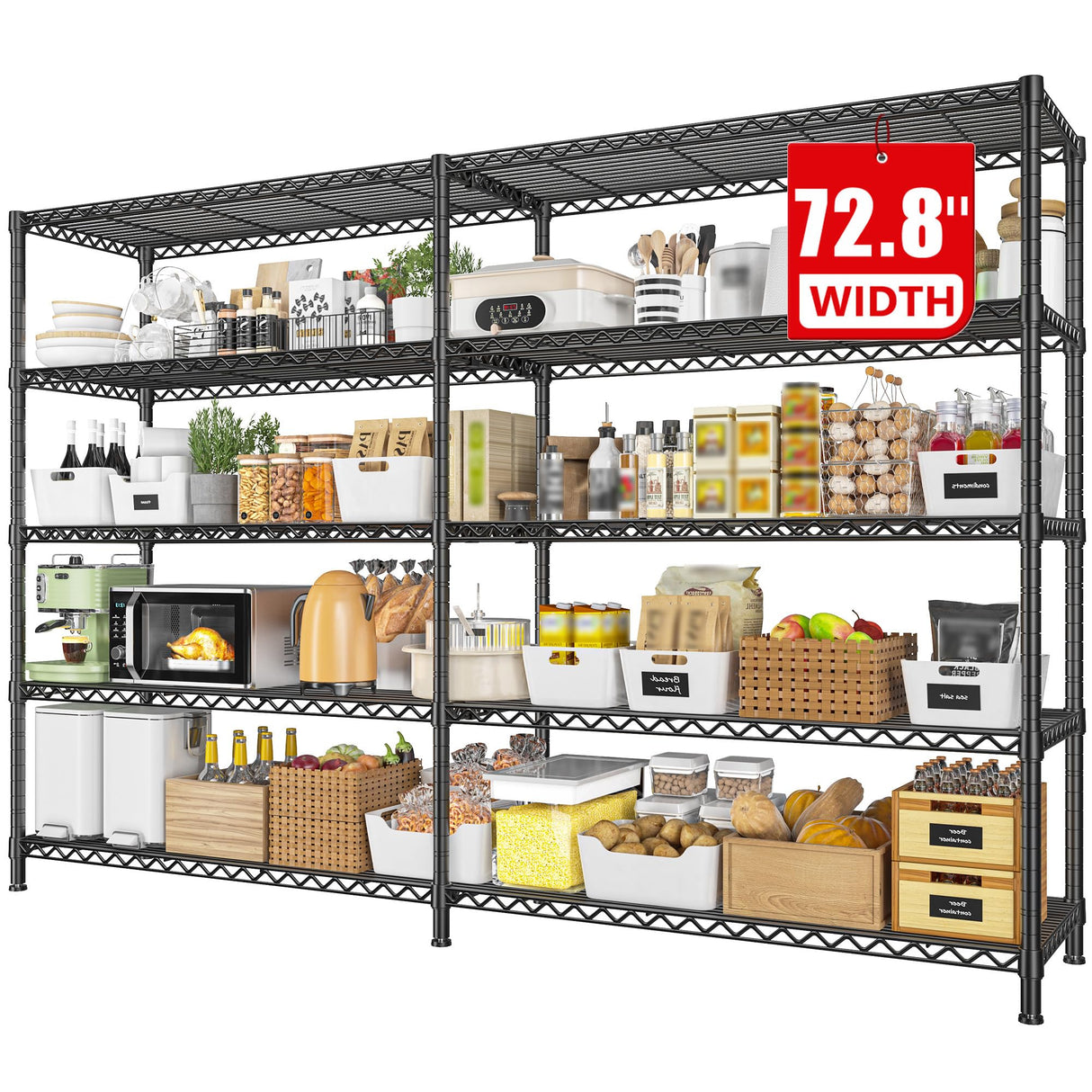 REIBII 72.8" W Storage Shelves Load 1600LBS, 5 Tier Metal Shelving Unit Wire Shelving for Storage Rack Heavy Duty Metal Shelves for Garage Pantry Kitchen, 17.7" D x 72.8" W x 70.9" H REIBII
