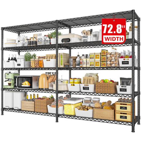 REIBII 72.8" W Storage Shelves Load 1600LBS, 5 Tier Metal Shelving Unit Wire Shelving for Storage Rack Heavy Duty Metal Shelves for Garage Pantry Kitchen, 17.7" D x 72.8" W x 70.9" H REIBII