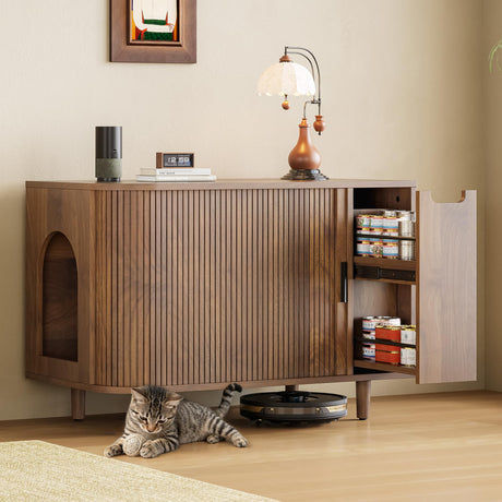 IRONCK Cat Litter Box Enclosure with Sliding Tambour Door, Wooden Litter Box Enclosure Furniture with 2-Layer Drawer, Hidden Cat House, Side End Table for Living Room, Brown IRONCK