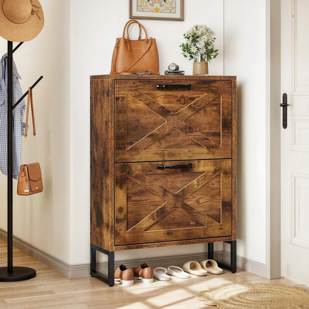 YITAHOME Shoe Storage Cabinet Entryway, 2 Flip Drawers Freestanding Organizer With Metal Legs, Narrow Storage Rack Cabinet, Rustic Brown YITAHOME