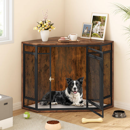 YITAHOME Corner Dog Crate Furniture, 52" Wooden Dog Crate with Dog Cushion, Dog Kennel Indoor for Small Medium Large Dogs, Brown - WoodArtSupply