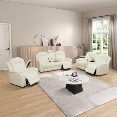 Plithzy Breathable Leather Power Recliner Sofa Set 3 Piece Living Room Furniture Electric Reclining Leather Couches with Cup Holders, LED Light, USB Port and Storage for Home Theater (Cream White)