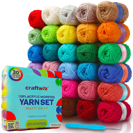 CRAFTWIZ 100% Acrylic Yarn for Crocheting and Knitting - 30x20g Skeins of #4 Worsted Weight, 1200 Yards of Soft Yarn, Perfect for Amigurumi and Other Small Crafts Projects Craftwiz