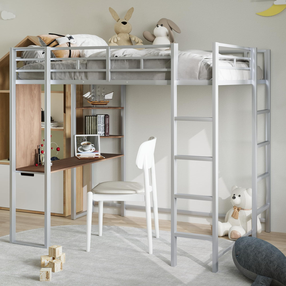 Merax Silver Full Loft Bed with Built-in Desk and Shelves for Efficient Space Utilisation Merax