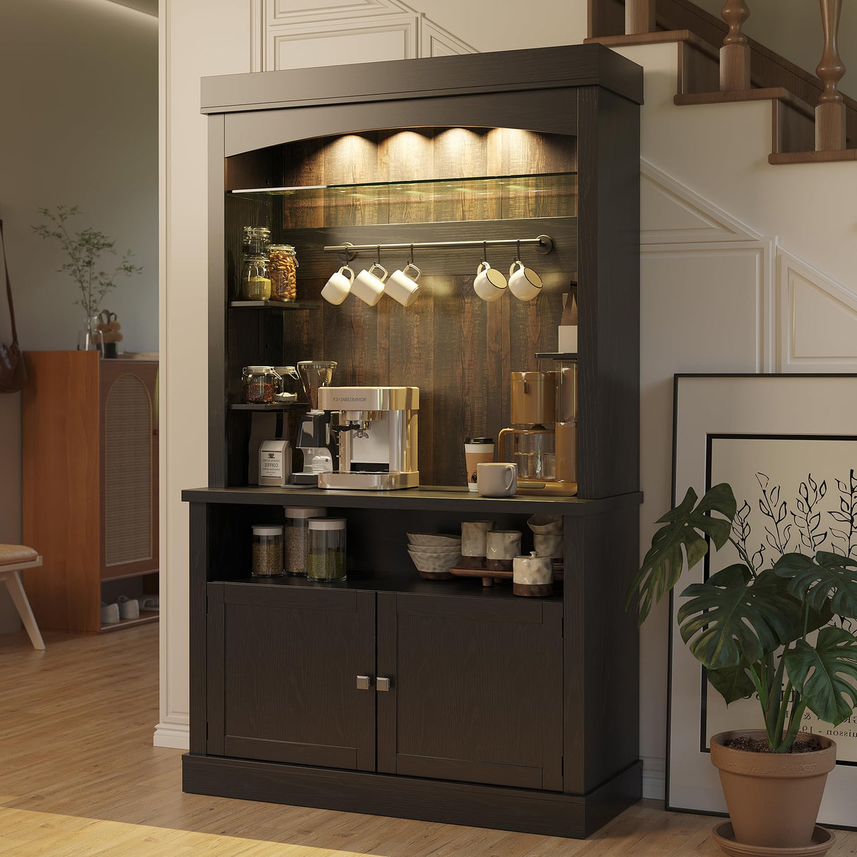 CABIHOME Farmhouse Coffee Bar Cabinet with Storage LED Buffet Cabinet 72" Coffee Hutch Cabinet Large Kitchen Sideboard with Wine Rack/Glass Shelf for Kitchen, Dining Room, Living Room (Black) CABIHOME