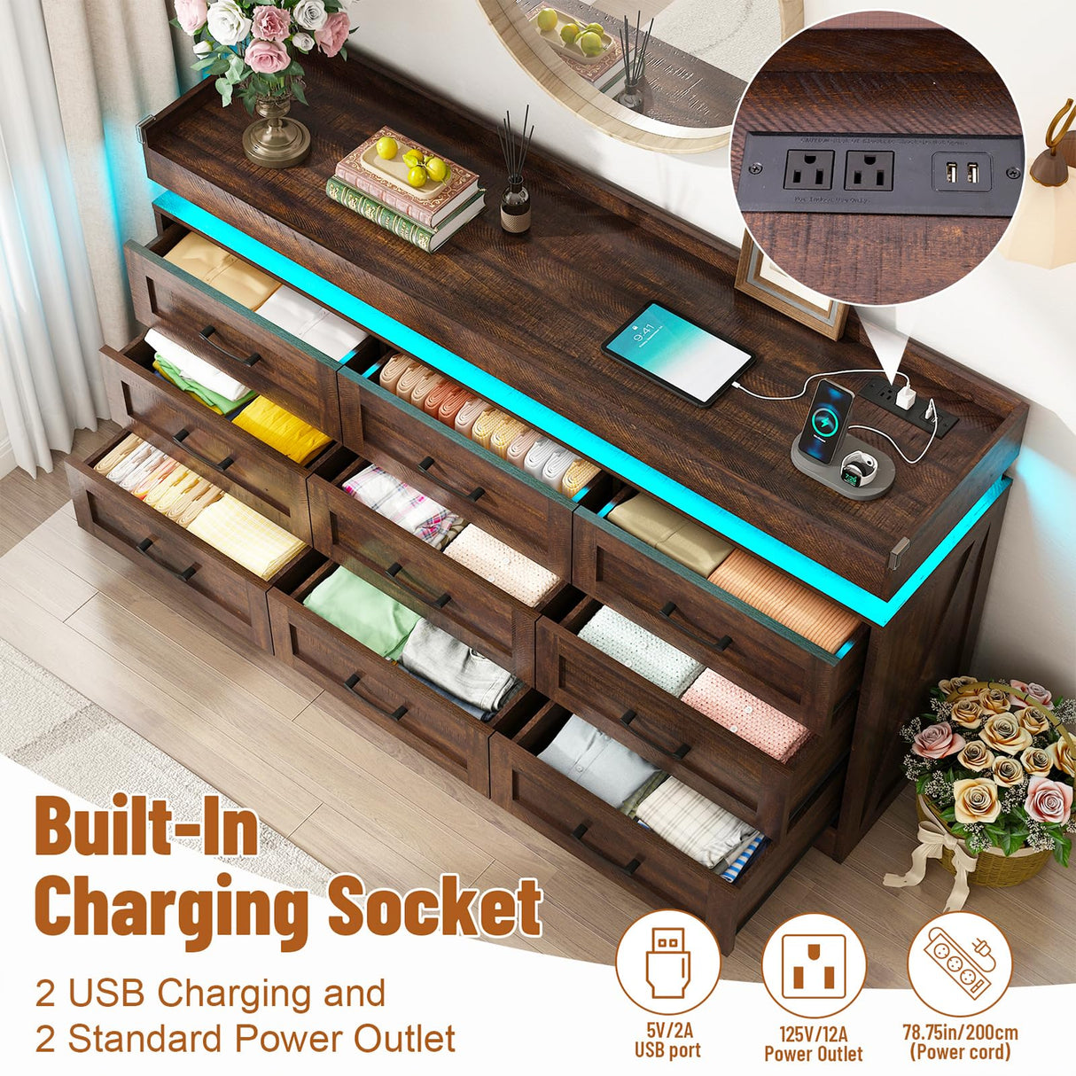 Hlivelood Large Farmhouse 9 Drawers Dresser for Bedroom with LED Light and Power Outlets,63" Wide Wood Rustic 9 Chests of Drawers for Closet,Tall Storage Dresser Organizer for Bedroom(Antique Brown) Hlivelood