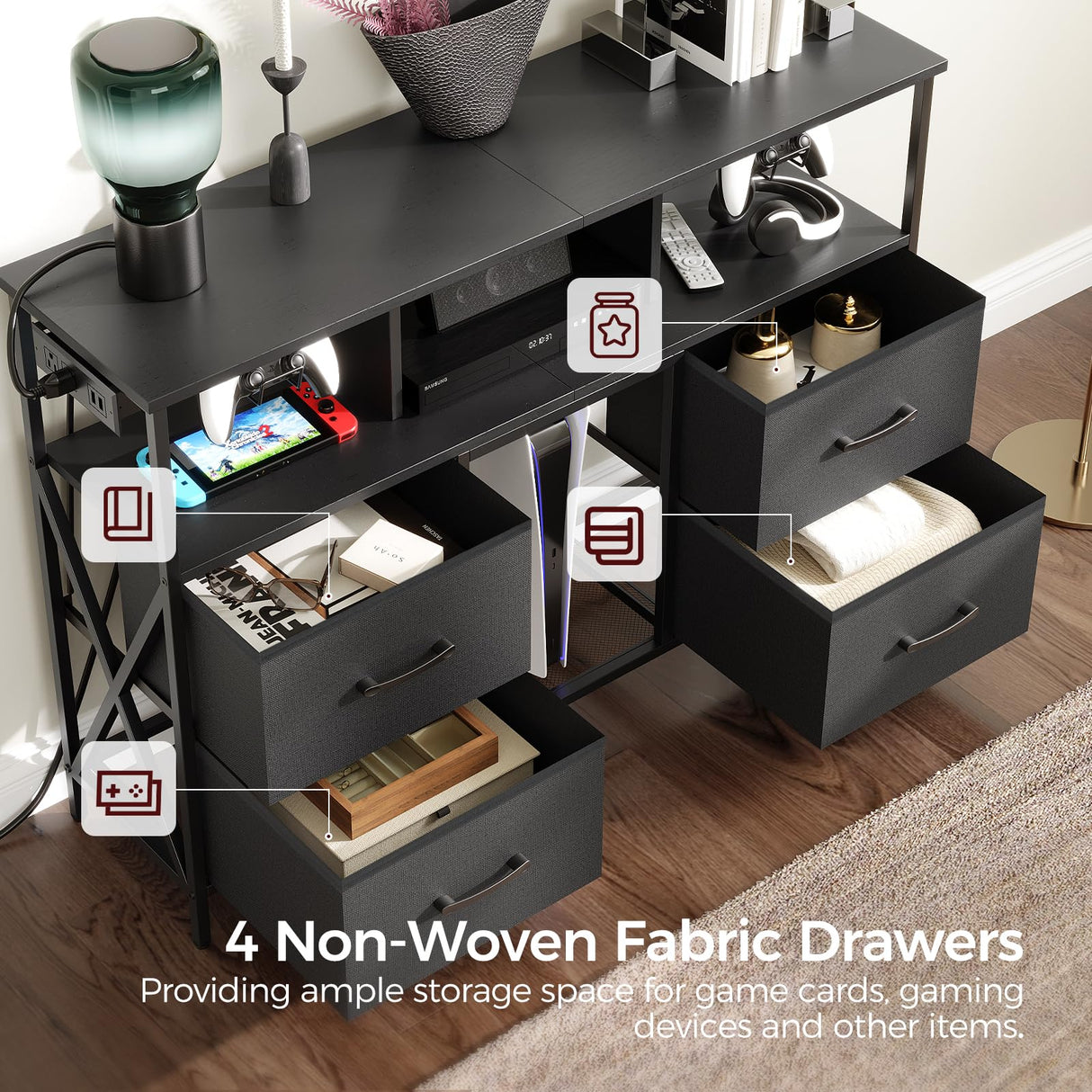 MAHANCRIS Dresser TV Stand, Entertainment Center with Power Outlets and LED Light, Media Console Table with Drawers and Open Shelves, Chest of Drawers for 50'' TV, for Living Room, Black TVHB110E01 MAHANCRIS