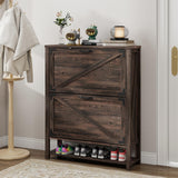 Vabches Shoe Cabinet with 2 Flip Drawers, Farmhouse Shoe Storage Cabinet for Entryway, Wood Narrow Shoe Rack Cabinet with Open Shelf, Slim Hidden Shoe Cabinet, Rustic Dark Oak Vabches