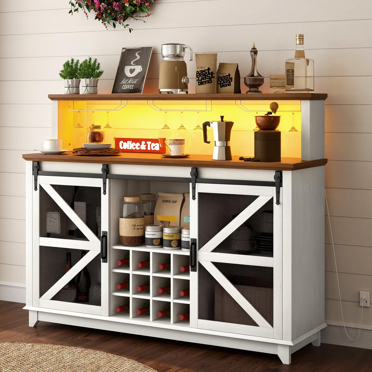 HOMCOM Farmhouse Coffee Bar Cabinet with Smart App Control LED Lights, 55" Wine Bar Cabinet with 12-Bottle Rack, Glass Holder, Kitchen Sideboard Buffet with Sliding Mesh Doors, Distressed White HOMCOM