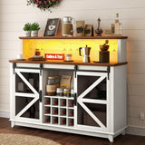 HOMCOM Farmhouse Coffee Bar Cabinet with Smart App Control LED Lights, 55" Wine Bar Cabinet with 12-Bottle Rack, Glass Holder, Kitchen Sideboard Buffet with Sliding Mesh Doors, Distressed White HOMCOM