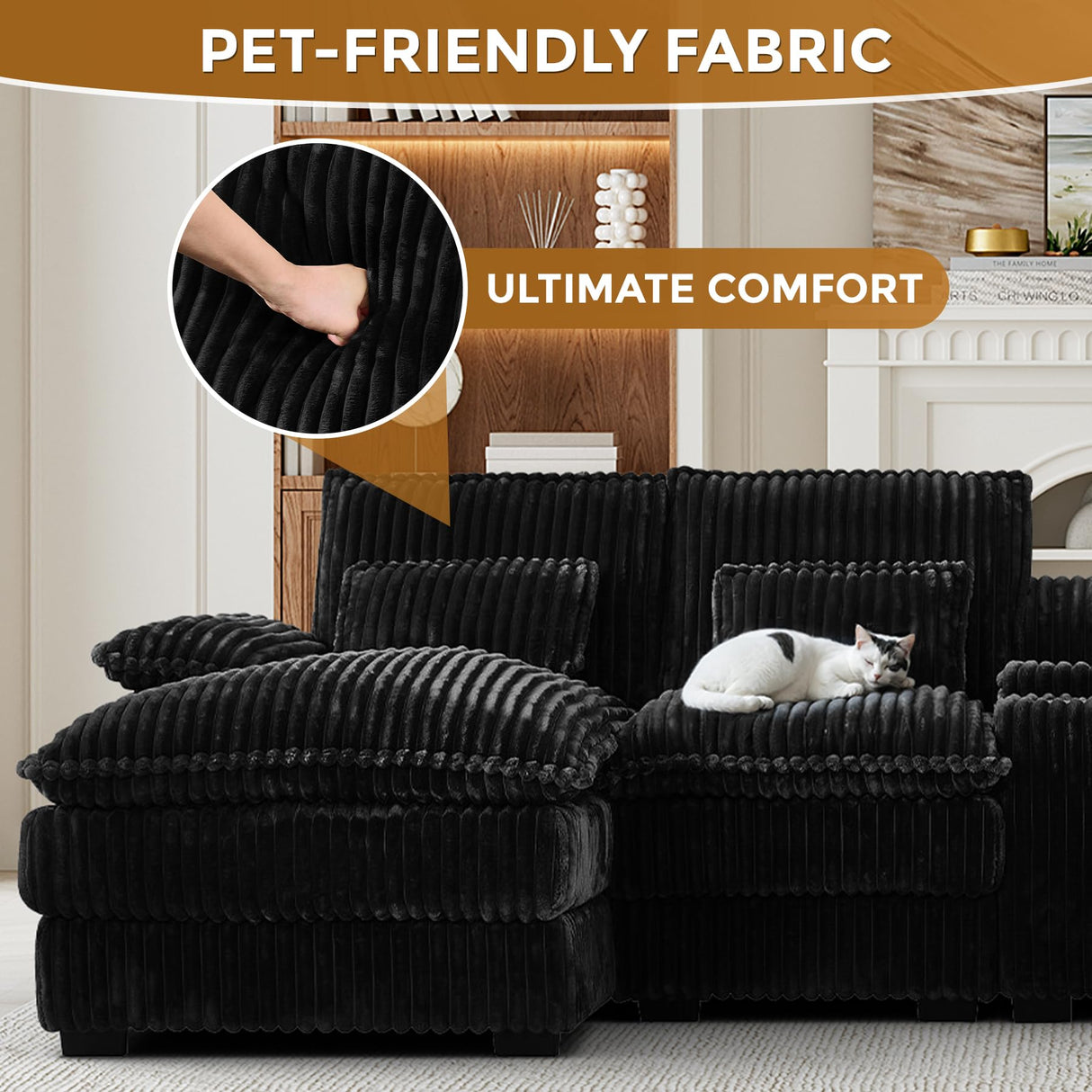 HYJT-H&K 124" U Shaped Cloud Couch Sectional, Comfy Fluffy Plush Corduroy Black Sectional Couches for Living Room, Modern Modular Corduroy Couch Sectionals with Central Console & Double Chaise Lounge HYJT-H&K