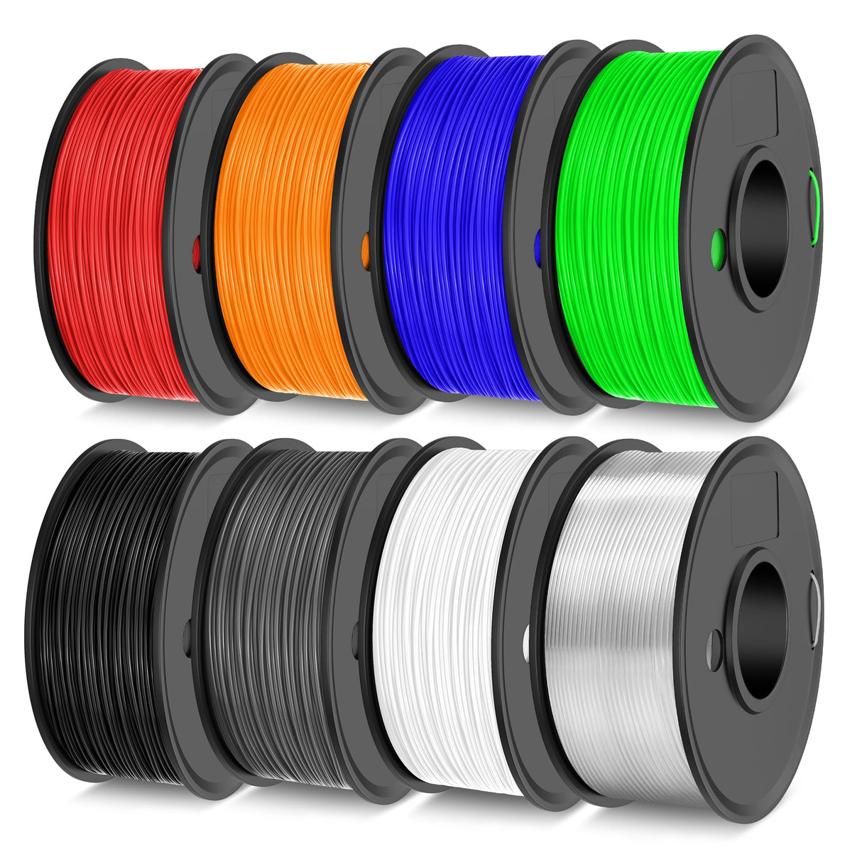 TECBEARS TPU Filament 1.75mm, 95A 3D Printer Filament, Flexible TPU Filament for Fast Printing, 250G Spool, 8 Rolls, 2KG in Total, Black+White+Transparent+Grey+Red+Blue+Green+Orange TECBEARS