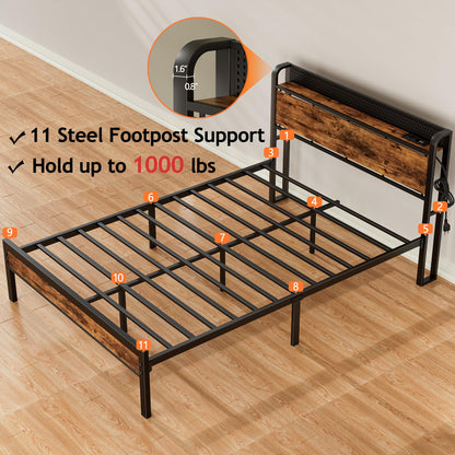 Furnulem Industrial Full Bed Frame with LED Lights & USB Charging Station - WoodArtSupply