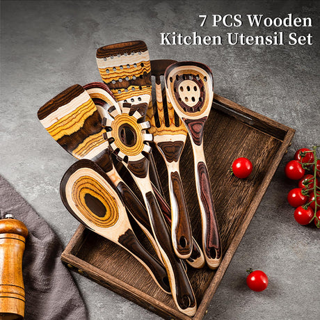Gudamaye 7-Piece Brown Pakkawood Utensils Set – Sturdy, Eco-Friendly, Wooden Spoons for cooking, Wooden Utensil for cooking, Wooden Kitchen Tool, Home & Kitchen Gifts for Men and Women Gudamaye