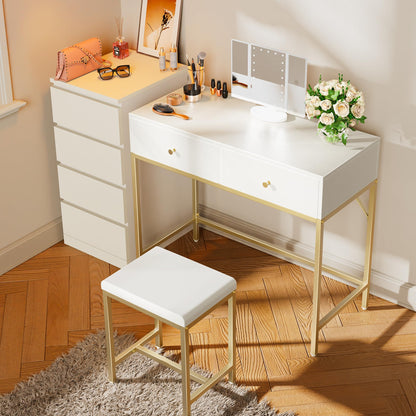 SUPERJARE Vanity Desk, Makeup Vanity with Lighted Mirror, White Desk with Drawers, 35.4 Inches Makeup Vanity Desk with Lights, for Bedroom, White and Gold - WoodArtSupply