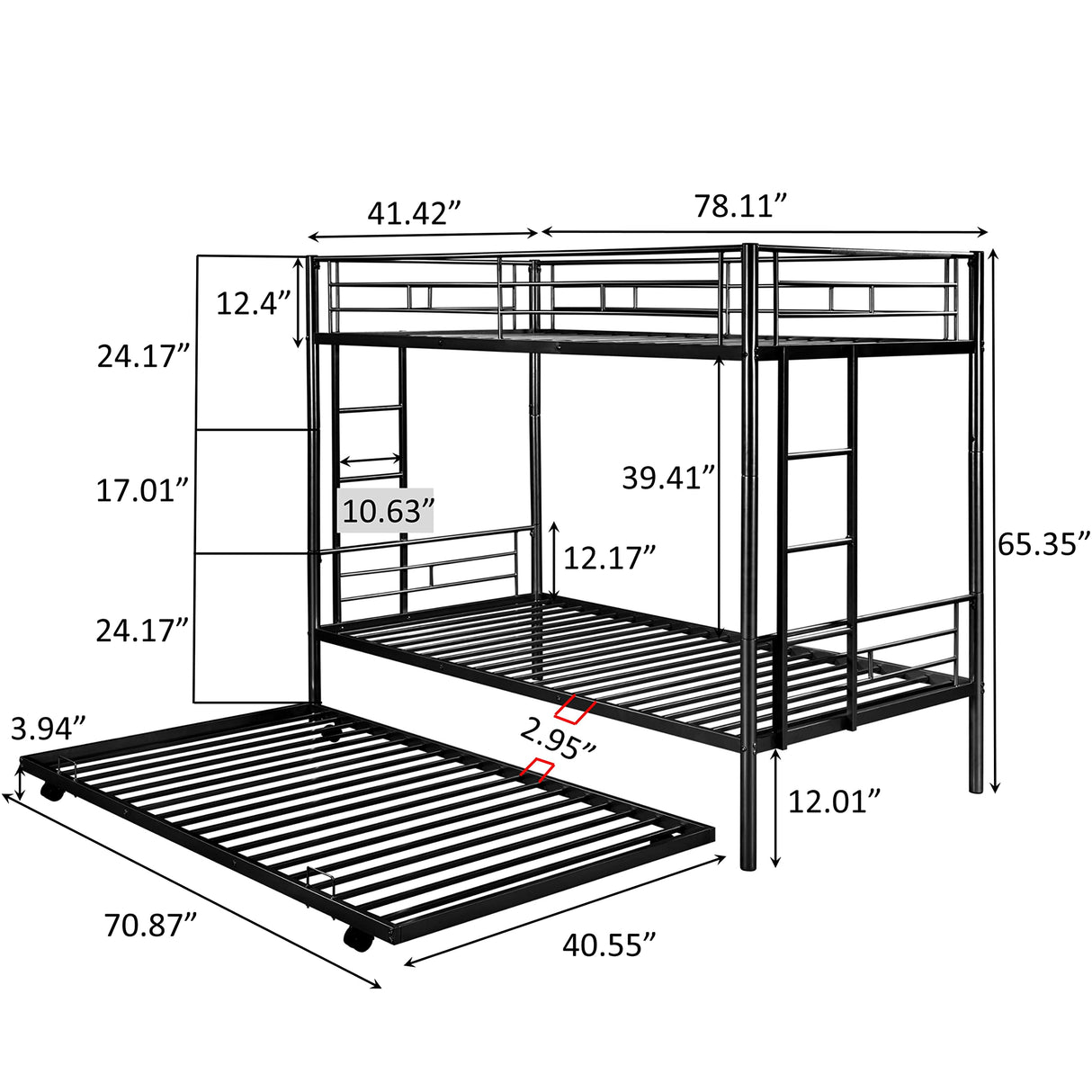 HomJoones Twin Over Twin Metal Bunk Bed with Trundle Heavy Duty Twin Size Metal Bunk Beds Frame with 2 Side Ladders Convertible Bunkbed with Safety Guard Rails,No Box Spring Needed (Black) HomJoones