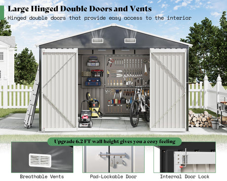 AMERLIFE 10x12x7 FT Galvanized Steel Storage Shed with 2 4-Pane Windows Hinged Double Doors, Outdoor Shed for Backyard, Garden, Patio, Dark Grey/White AMERLIFE