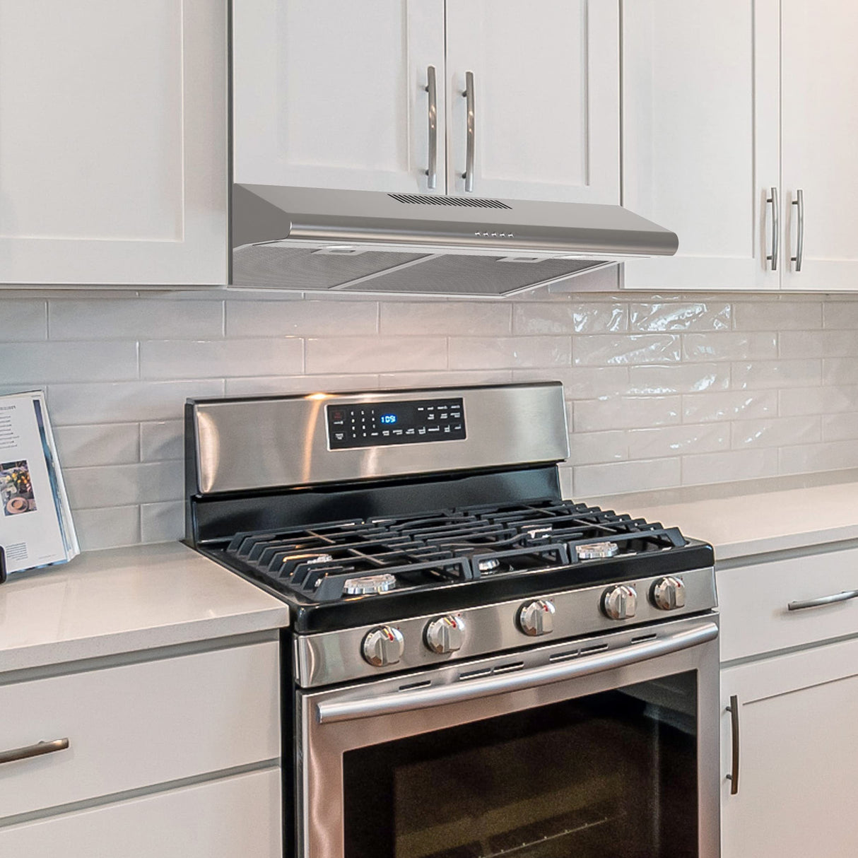 FIREGAS Under Cabinet Range Hood 30 inch, Ducted/Ductless Convertible Kitchen Hood Over Stove Vent, LED Light, 3 Speed Exhaust Fan, Reusable Aluminum Filters, Push Button, with Charcoal Filter FIREGAS