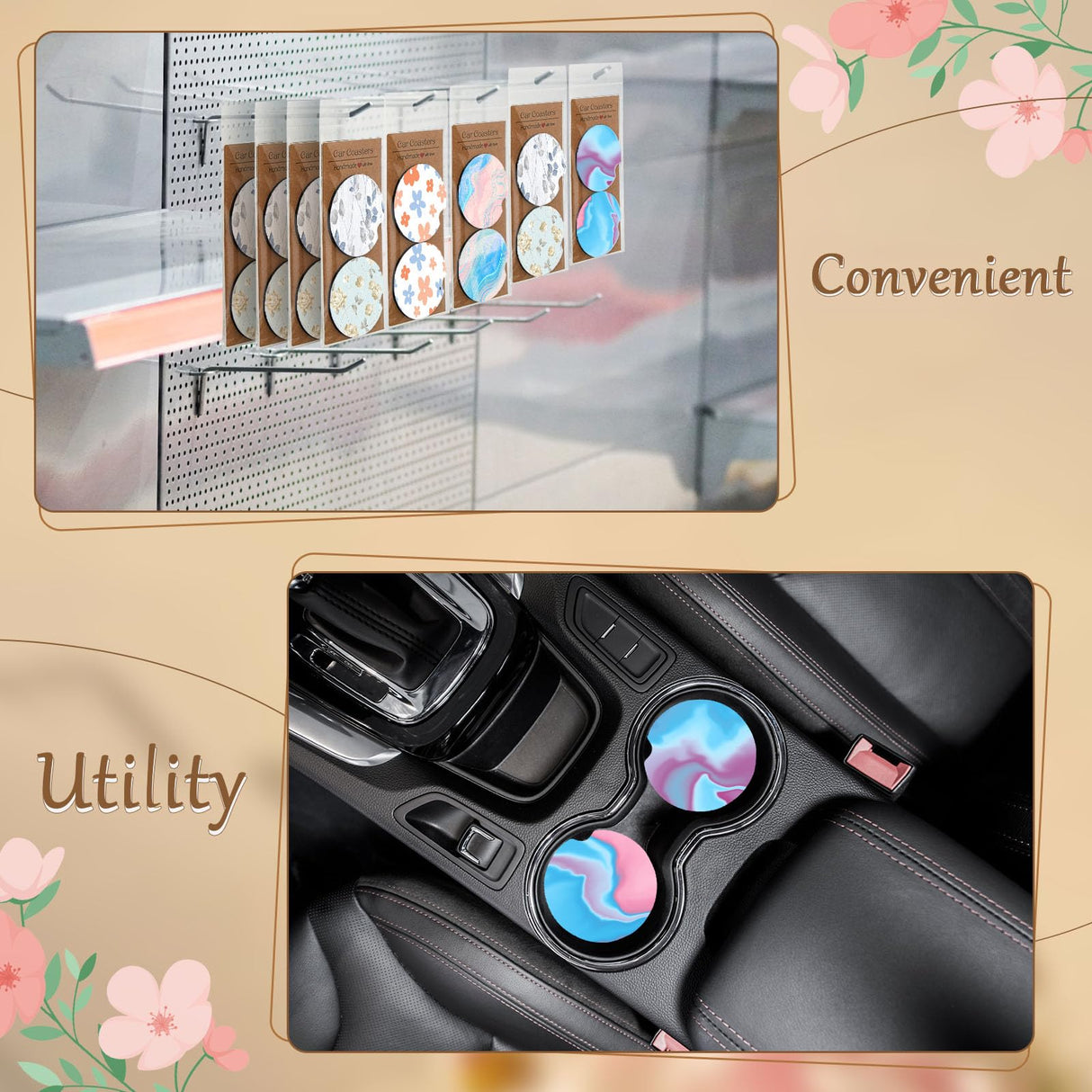 Tioncy 400 Pcs Sublimation Car Coaster Blank Set, 200 Pcs 2.76'' Blank Sublimation Coaster 100 Self Adhesive Bag 100 Sublimation Car Coaster Display Card for Thermal Sublimation DIY Craft (Brown) Tioncy