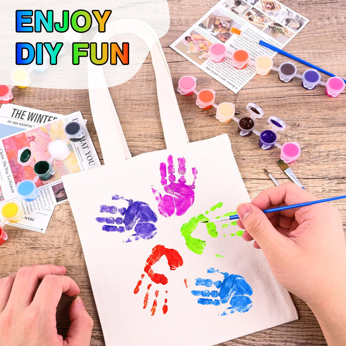 Zioffiel Small Canvas Tote Bags Bulk 24 Pack, Sublimation Tote Bags Blank with Acrylic Paint Set, Reusable Cotton Canvas Bags with Handles, Mini Tote Bag To Decorate DIY Crafts, 8"x8.6" Zioffiel