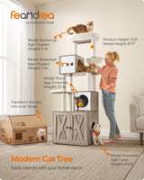 Feandrea Cat Tree with Litter Box Enclosure, 2-in-1 Modern Cat Tower, 72.8-Inch Tall Cat Condo with Scratching Posts, Perch, Caves, Basket, Washable Cushions, Heather Greige UPCT116G01 Feandrea