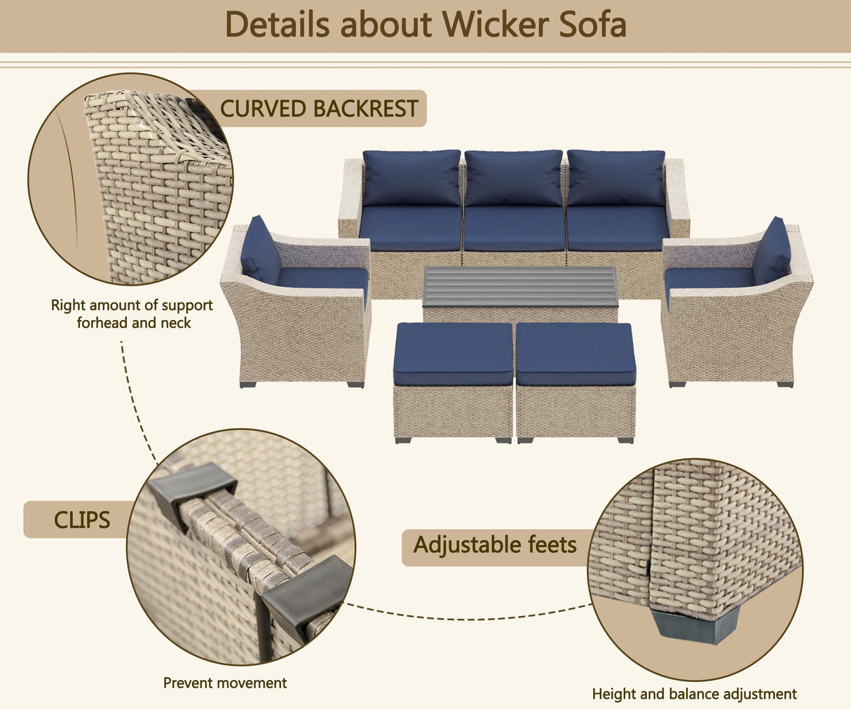 LHBcraft Outdoor Patio Furniture Set 8 Pieces, Rattan Outdoor Couch with Coffee Table, Comfortable Wicker Patio Furniture Sets for Yard, Pool or Porch, Blue LHBcraft