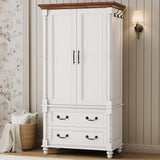 LIKIMIO Farmhouse Armoire Wardrobe Closet with 2 Doors and 2 Drawers, 70" H x 36" W, Large Bedroom Armoire with Roman Column and 3 Hanging Hooks, Wooden Freestanding Closet Cabinet, White LIKIMIO
