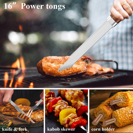 ROMANTICIST 25pcs Extra Thick Stainless Steel Grill Tool Set for Men, Heavy Duty Grilling Accessories Kit for Backyard, BBQ Utensils Gift Set with Spatula,Tongs in Aluminum Case for Birthday Brown ROMANTICIST