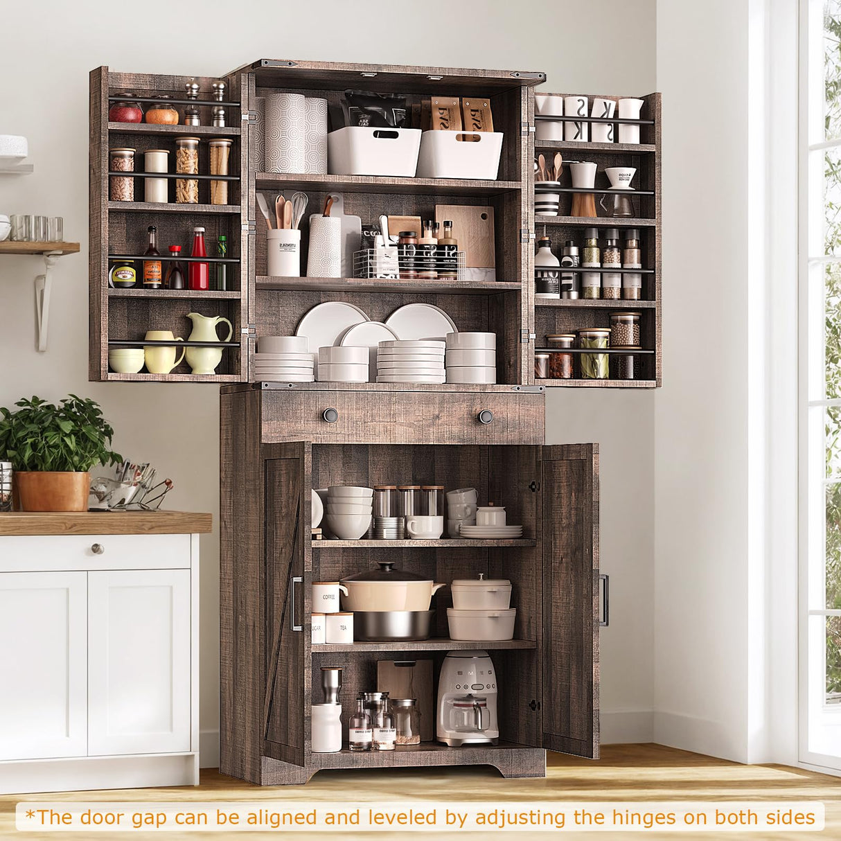 Teekyooly 72" Tall Farmhouse Kitchen Pantry Cabinet, Large Storage Cabinet with 6 Adjustable Shelves, 4 Barn Doors & Drawer for Bathroom, Dining Room, Brown Teekyooly