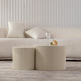 Round Nesting Coffee Table Set of 2, Modern Handcraft Wood Fluted Drum Circle Side Table Small Minimalist Unique Tea End Table for Living Room, No Assembly Required, 27.56" &19.69", Crescent Beige SLEERWAY