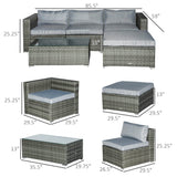 Outsunny 5-Piece Patio Furniture Set with Cushions, Outdoor PE Rattan Wicker Sofa Set, Sectional Furniture with Pillows, Glass Coffee Table for Garden, Backyard, Mixed Gray Outsunny