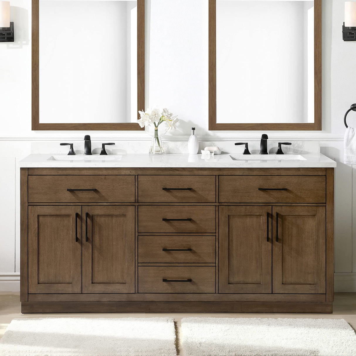 OVE Decors Maya Plus 72 in. Double Sink Bathroom Vanity in Almond Latte Finish, Black Hardware and Included Power Bar OVE Decors