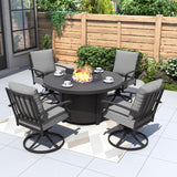 Kurapika 5 Piece Metal Outdoor Patio Furniture Set with Round Fire Pit Table, Patio Conversation Sets 4 Swivel Chairs with Thick Cushion and 40000 BTU Fire Pit Table, Gray Kurapika