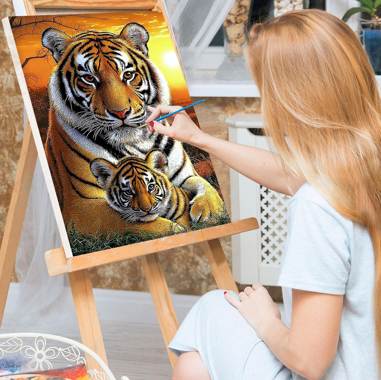 Bowetile Framed Paint by Numbers Tiger for Adults Beginners, Adults' Paint-by-Number Tiger Kits, Easy Adult Paint by Number Kits on Canvas, Acrylic Animals Number Painting for Home Decor, 8x12in Bowetile