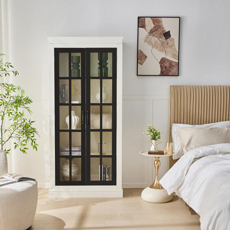 Ball & Cast 71.2" Tall Display Cabinet W/Glass Doors,Curio Cabinet W/Adjustable Shelves&Fixed Shelves for Collectibles,Trophies,Farmhouse Style Cabinets for Hallways,Living Room,Bedroom,White&Black Ball & Cast