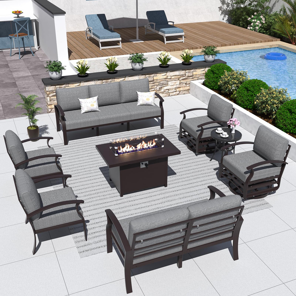 ALAULM Aluminum Patio Furniture Set with Propane Fire Pit Table 9-seat Metal Outdoor Furniture w/Fire Pit Patio Sectional w/5.1" Cushions for Patio, Backyard, Poolside-Grey ALAULM