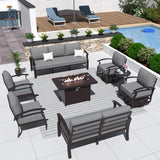 ALAULM Aluminum Patio Furniture Set with Propane Fire Pit Table 9-seat Metal Outdoor Furniture w/Fire Pit Patio Sectional w/5.1" Cushions for Patio, Backyard, Poolside-Grey ALAULM