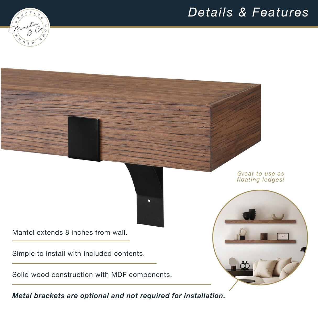 Master & Co. Modern Floating Fireplace Mantel with Black Metal Brackets, Long Floating Shelves for Wall Décor, 48 inches, Walnut Woodgrain MCS