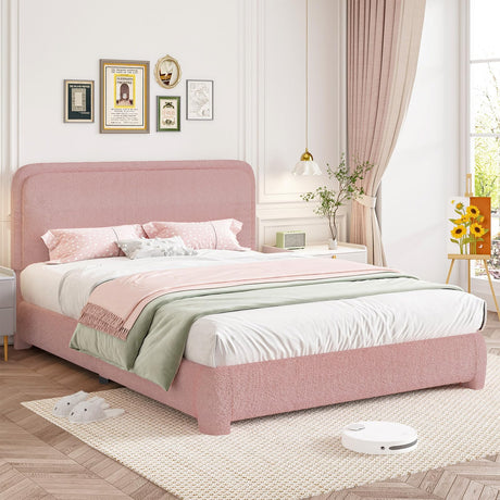 Queen Boucle Bed Frame, Upholstered Bed Frame Queen with Headboard, Boucle Soft and Cloud Bed Frame, Modern Style, No Box Spring Required, Easy Assembly, Pink BarnFurin