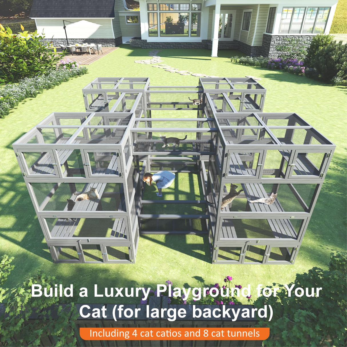 TIMHAKA Cat Catio Outdoor Cat Enclosure, 12 in 1 Cat Enclosure with 4 Large Catio and 8 Cat Tunnel, 12pcs Outdoor Cat Cage with Platform and Resting Box, Luxurious Cat Playground with Waterproof Cover TIMHAKA