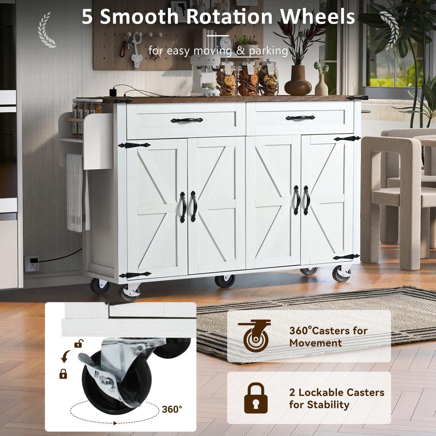 53.5" Farmhouse Kitchen Island with Power Outlet, Mobile Kitchen Storage Islands Cabinet with Drop Leaf, Spice Rack and Drawers, Rolling Kitchen Cart on Wheels for Kitchen and Dining Room, White